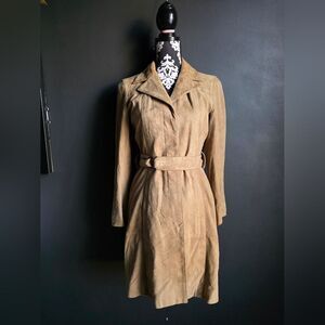Max Mara Leather Trench Belted Jacket Coat Sz 6 US Suede Pockets Camel